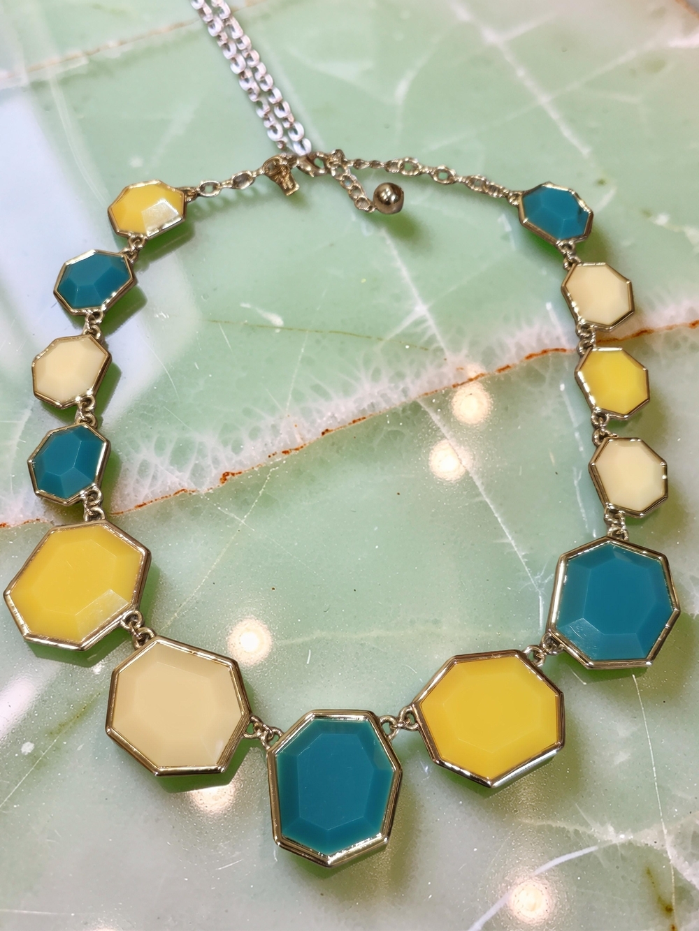 Kate Spade Hexagon Statement Necklace Teal Yellow Cream